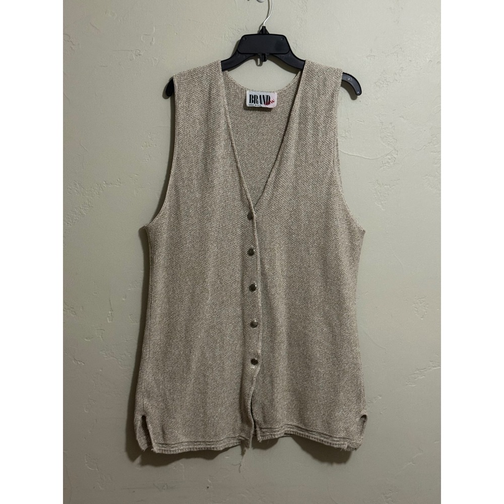 BRAND NW Beige Knit Vest Button Front V Neck Sleeveless Made in USA